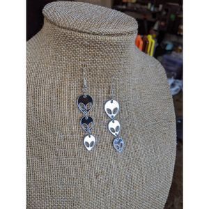 Dangly Mirror Alien Head Earrings; Handmade; Outer Space; EDM; Rave; Hypoallerge